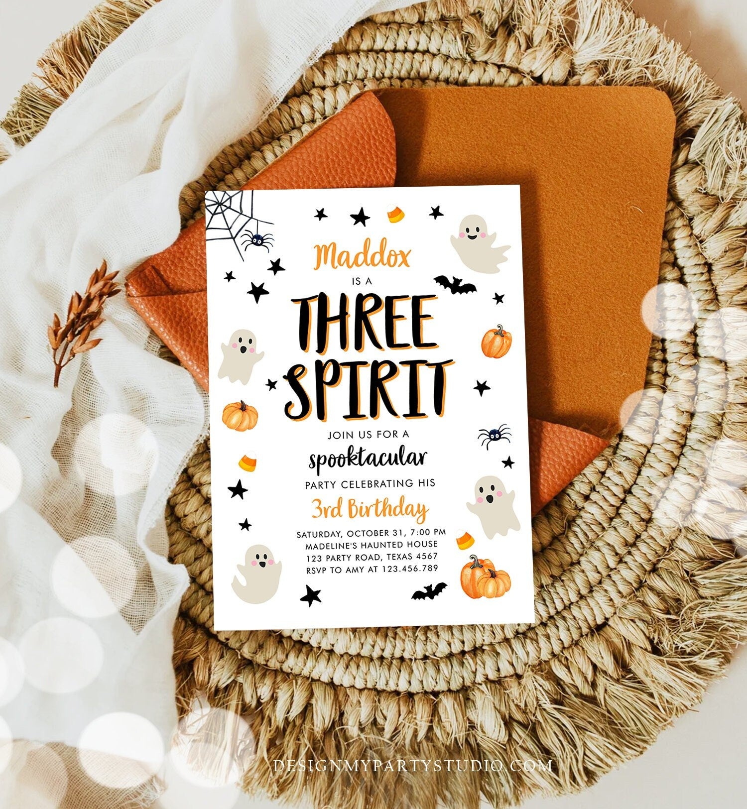 Editable Halloween Birthday Invitation Ghost Three Spirit 3rd Birthday Party Spooky Neutral Boy Girl Download Printable Template Corjl 0418