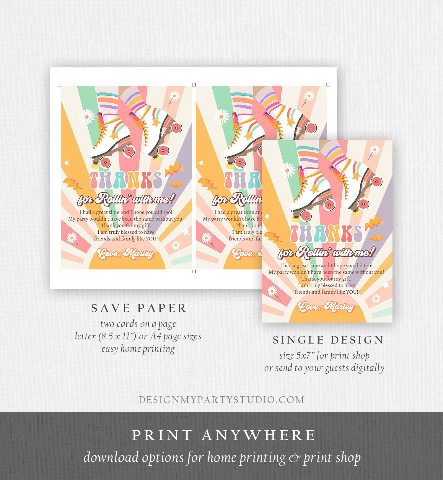 Editable Retro Roller Skate Birthday Thank You Card Let's Roll Skating Rainbow 70's Skate Thanks Download Corjl Template Printable 0435