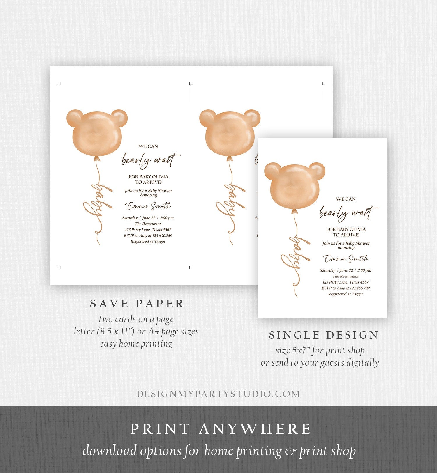 Editable We Can Bearly Wait Baby Shower Invitation Teddy Bear Gender Neutral Brown Boho Digital Download Template Printable 0439