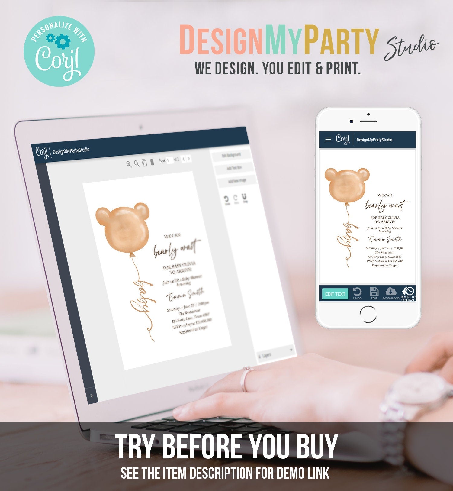 Editable We Can Bearly Wait Baby Shower Invitation Teddy Bear Gender Neutral Brown Boho Digital Download Template Printable 0439