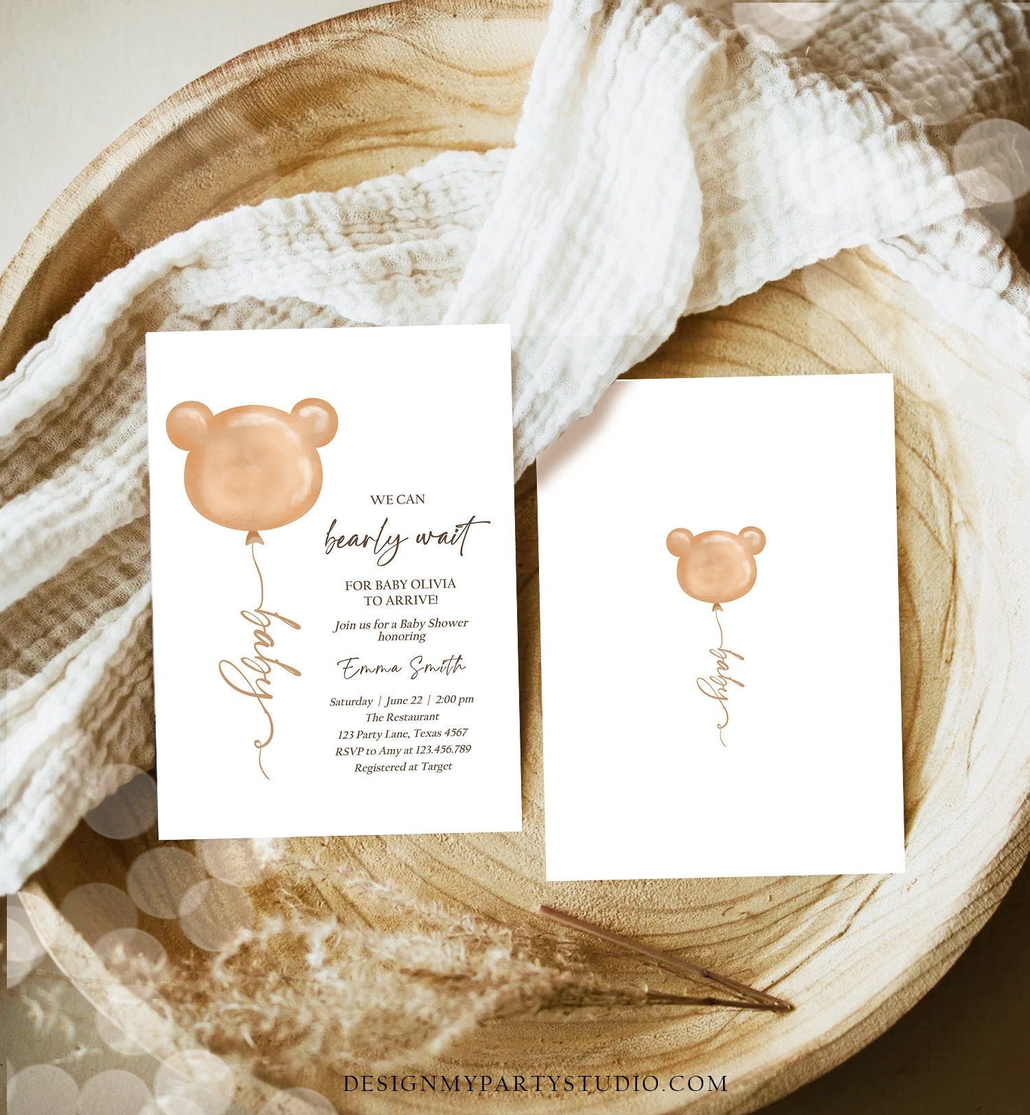 Editable We Can Bearly Wait Baby Shower Invitation Teddy Bear Gender Neutral Brown Boho Digital Download Template Printable 0439