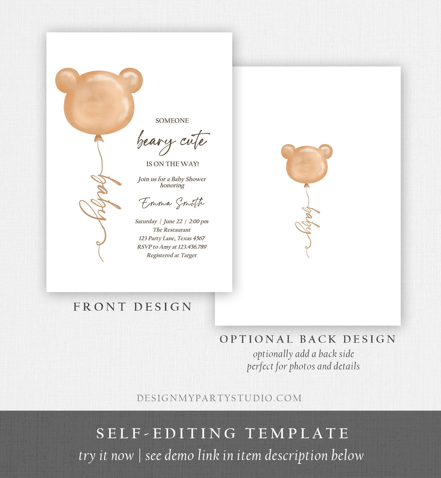 Editable We Can Bearly Wait Baby Shower Invitation Teddy Bear Gender Neutral Brown Boho Printable Template Instant Download Corjl 0439