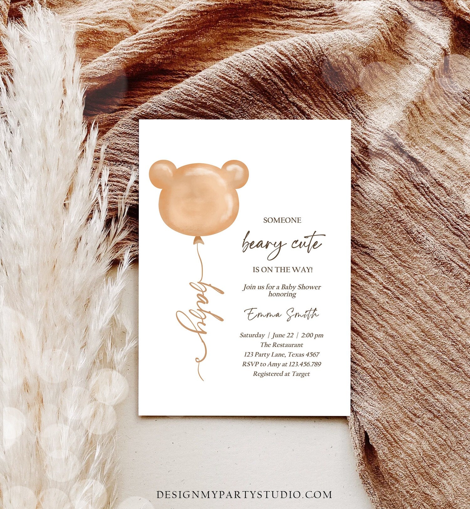 Editable We Can Bearly Wait Baby Shower Invitation Teddy Bear Gender Neutral Brown Boho Printable Template Instant Download Corjl 0439