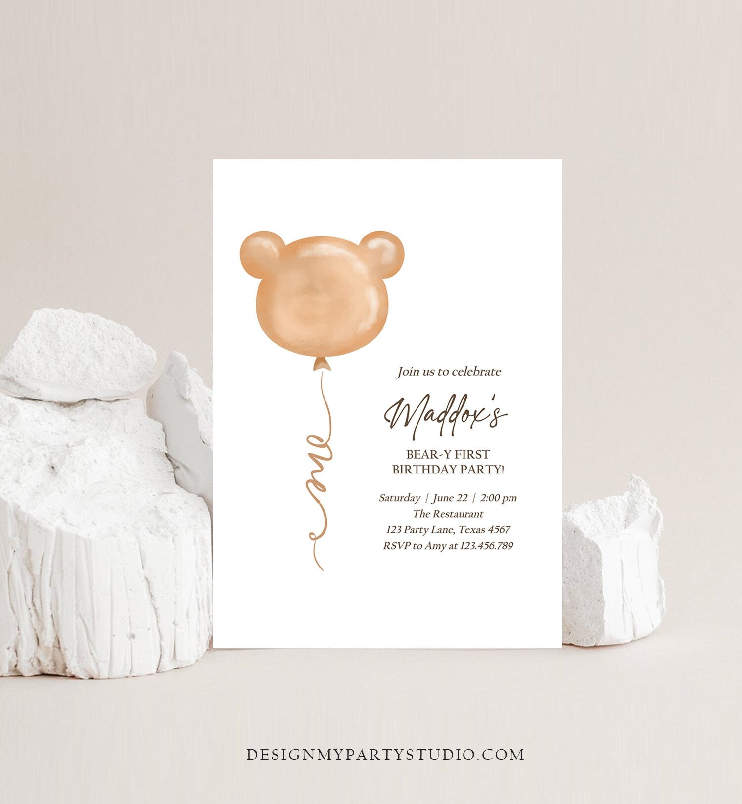 Editable Bear Birthday Invitation Bear Balloon Modern Teddy Bears Picnic Gender Neutral Boho Printable Template Instant Download Corjl 0439