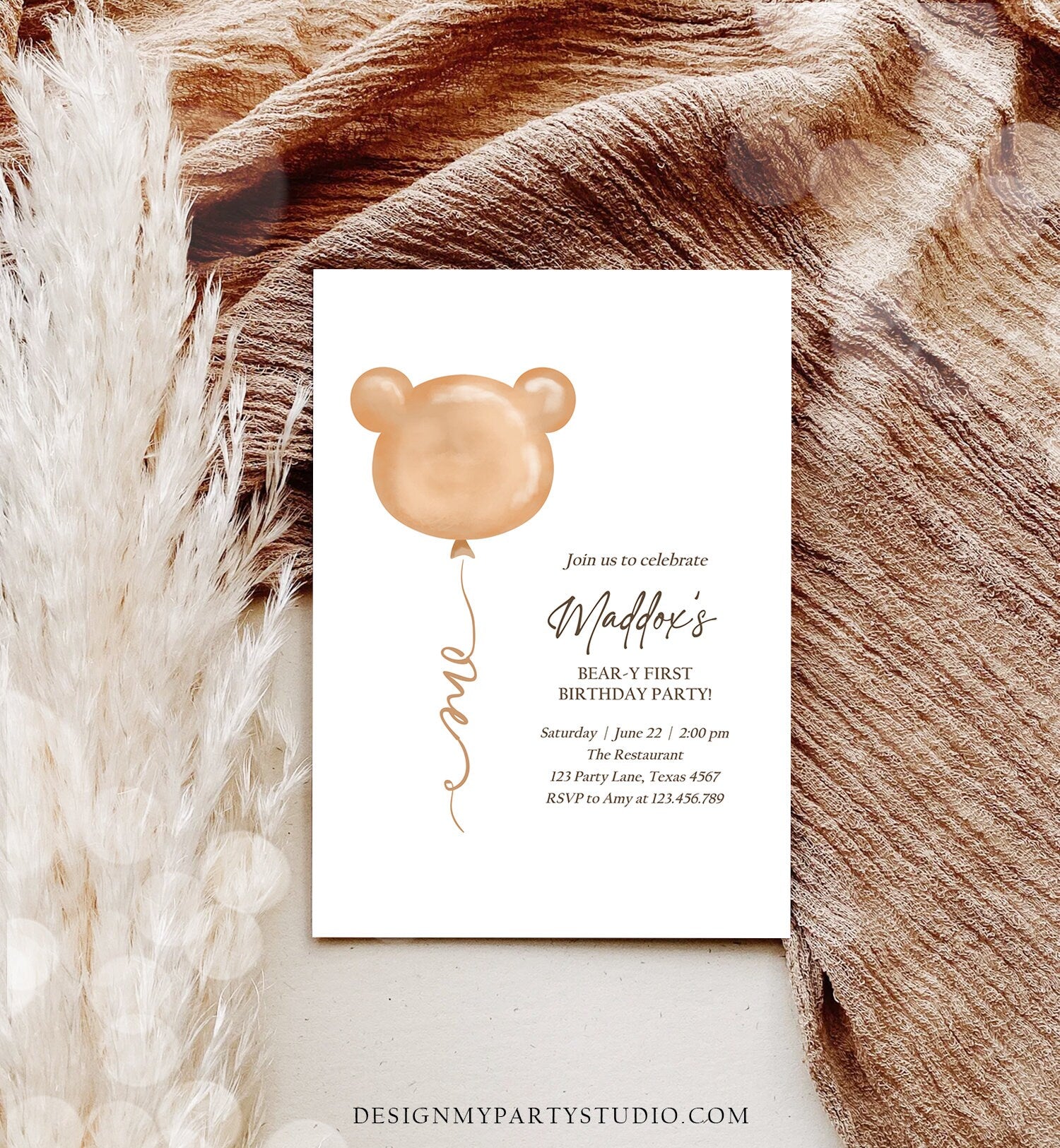 Editable Bear Birthday Invitation Bear Balloon Modern Teddy Bears Picnic Gender Neutral Boho Printable Template Instant Download Corjl 0439