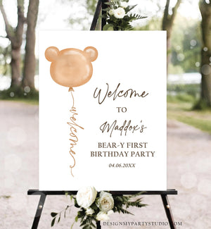 Editable Bear Birthday Welcome Sign Boho Teddy Bear Shower Beary First Birthday 1st Gender Neutral Bohemian Corjl Template Printable 0439