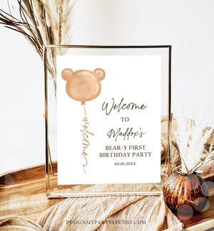 Editable Bear Birthday Welcome Sign Boho Teddy Bear Shower Beary First Birthday 1st Gender Neutral Bohemian Corjl Template Printable 0439