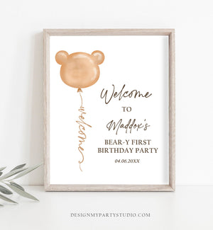 Editable Bear Birthday Welcome Sign Boho Teddy Bear Shower Beary First Birthday 1st Gender Neutral Bohemian Corjl Template Printable 0439