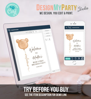 Editable Bear Birthday Welcome Sign Boho Teddy Bear Shower Beary First Birthday 1st Gender Neutral Bohemian Corjl Template Printable 0439