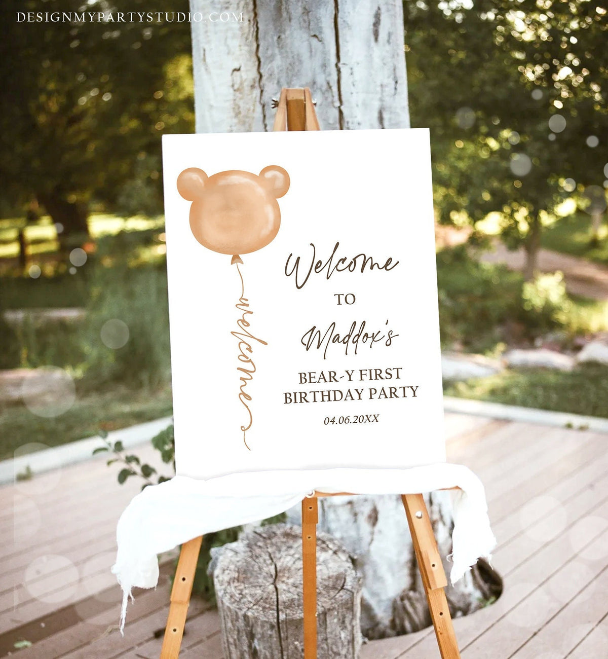 Editable Bear Birthday Welcome Sign Boho Teddy Bear Shower Beary First Birthday 1st Gender Neutral Bohemian Corjl Template Printable 0439