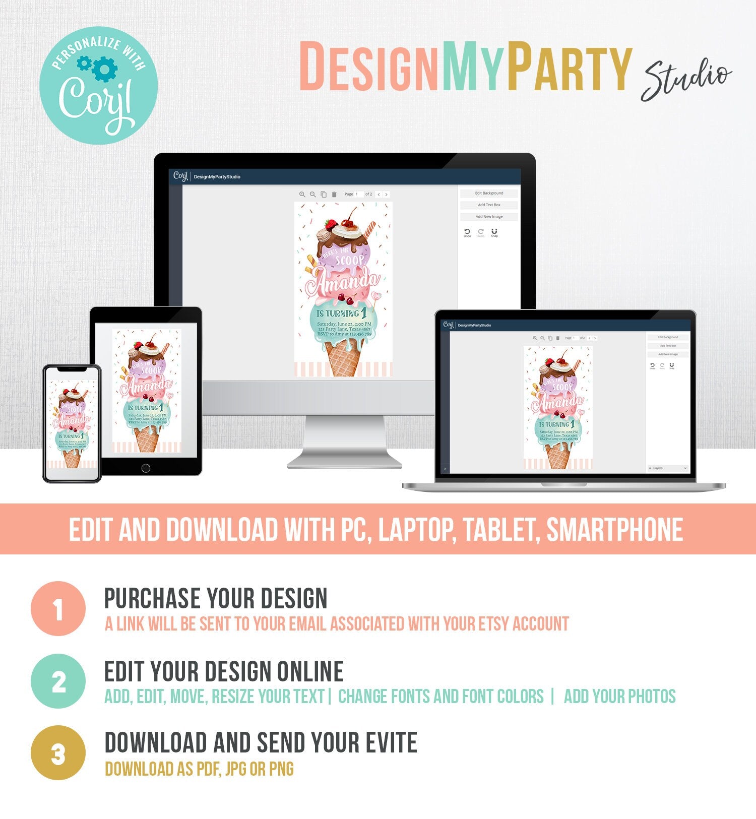 Editable Ice Cream Birthday Evite Ice Cream Truck Invite Modern Ice Cream Shoppe Here's The Scoop Girl Digital Phone Template Printable 0392