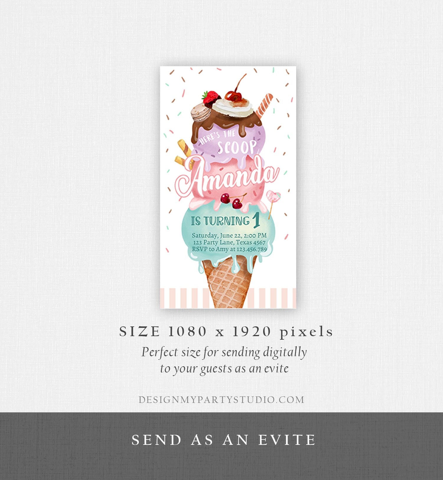 Editable Ice Cream Birthday Evite Ice Cream Truck Invite Modern Ice Cream Shoppe Here's The Scoop Girl Digital Phone Template Printable 0392