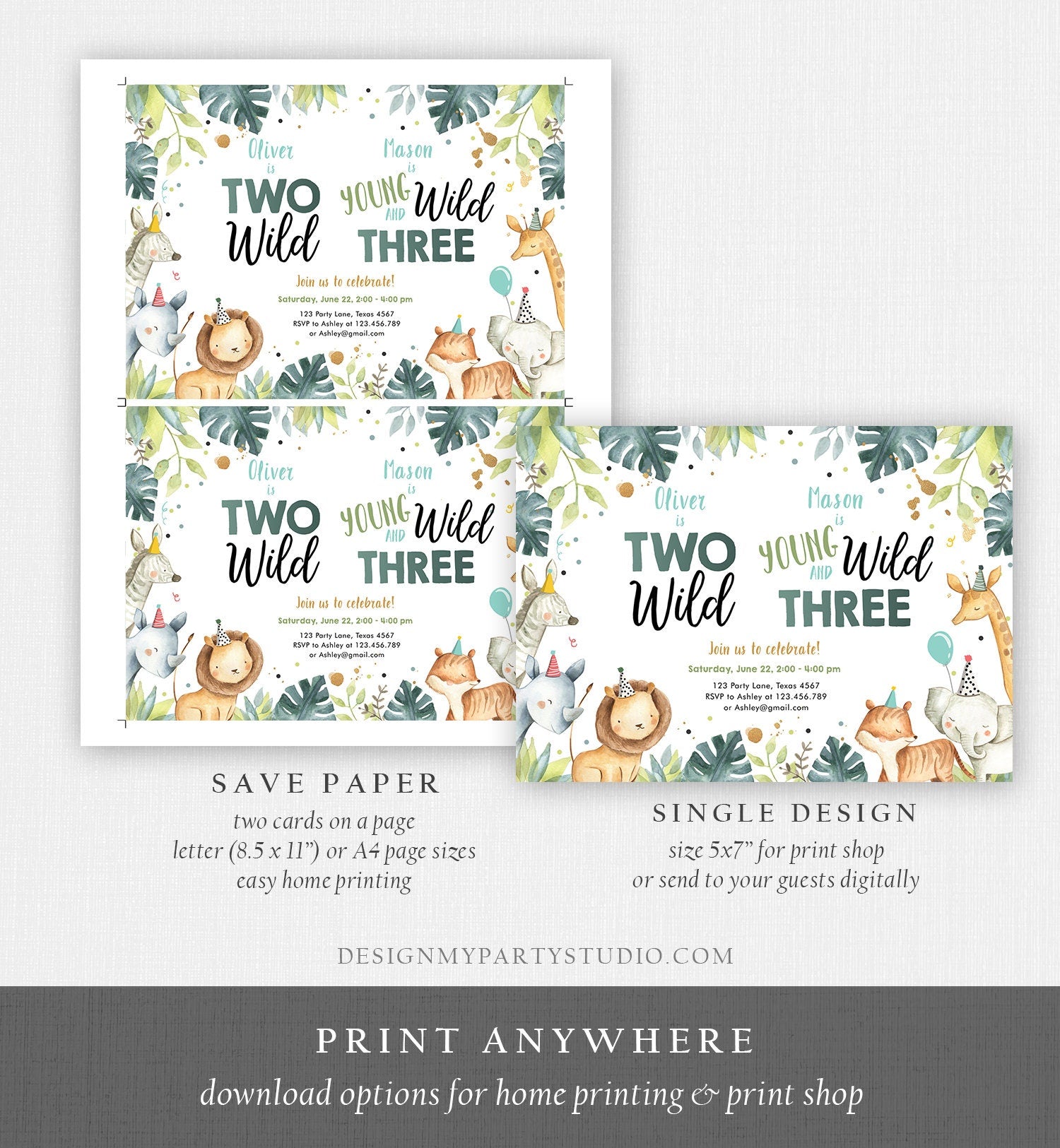 Editable Safari Animals Joint Birthday Invitation Boys Two Wild and Three Combined Zoo 2nd 3rd Second Third Template Digital Corjl 0163