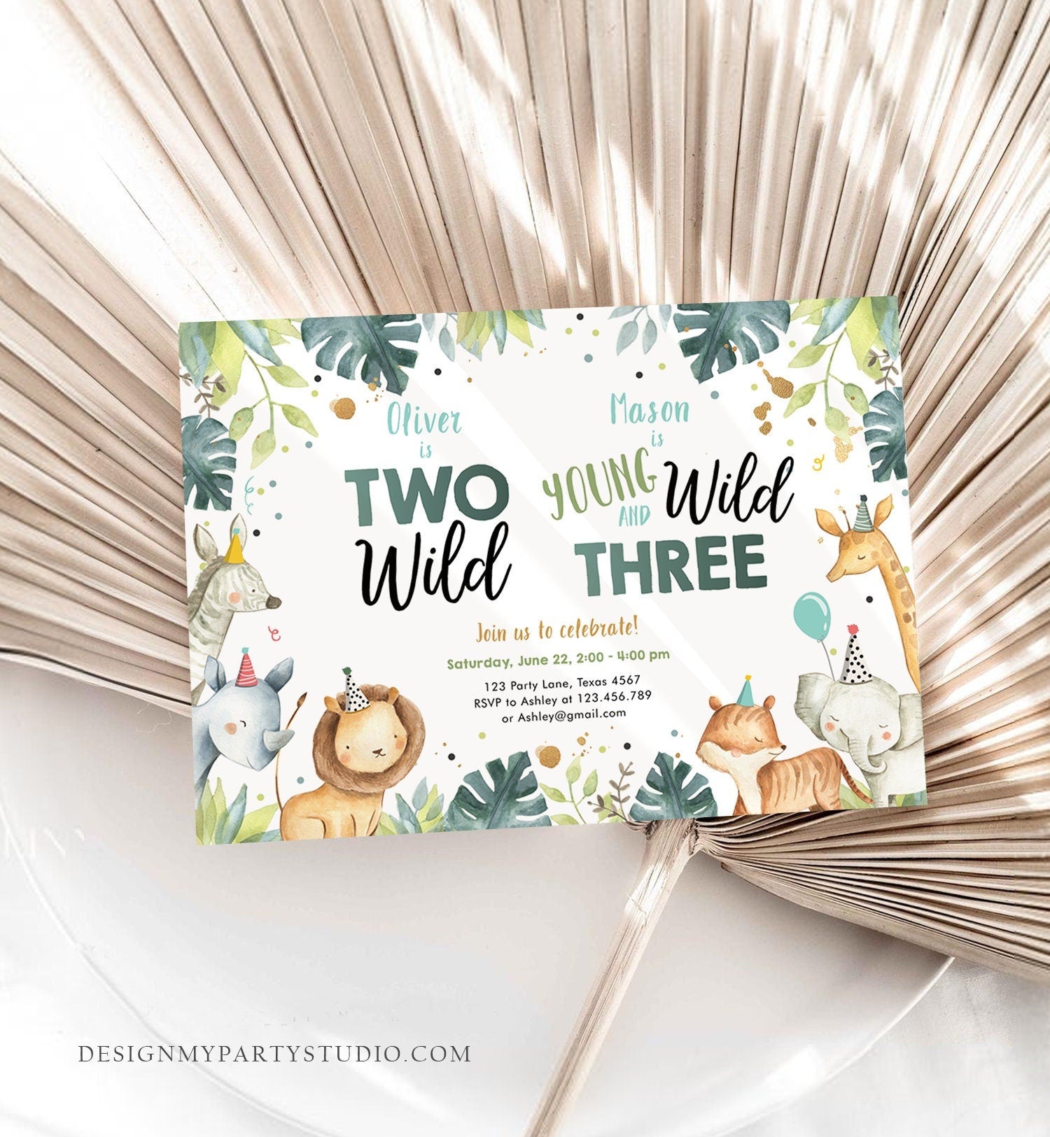 Editable Safari Animals Joint Birthday Invitation Boys Two Wild and Three Combined Zoo 2nd 3rd Second Third Template Digital Corjl 0163