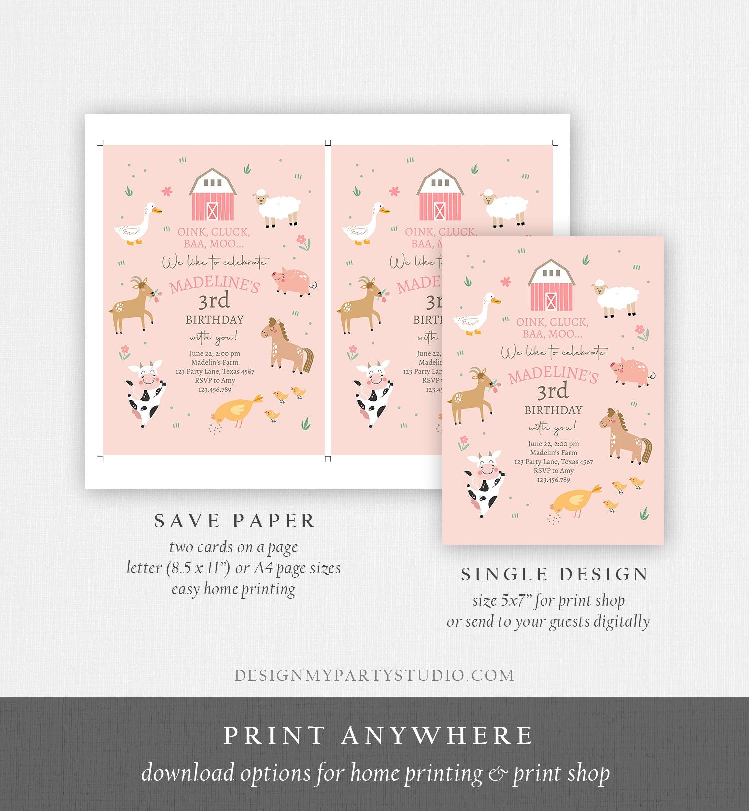 Editable Farm Birthday Invitation Girl Farm Animals Pink Barnyard Party Modern Pastel Download Printable Invite Template Digital Corjl 0436