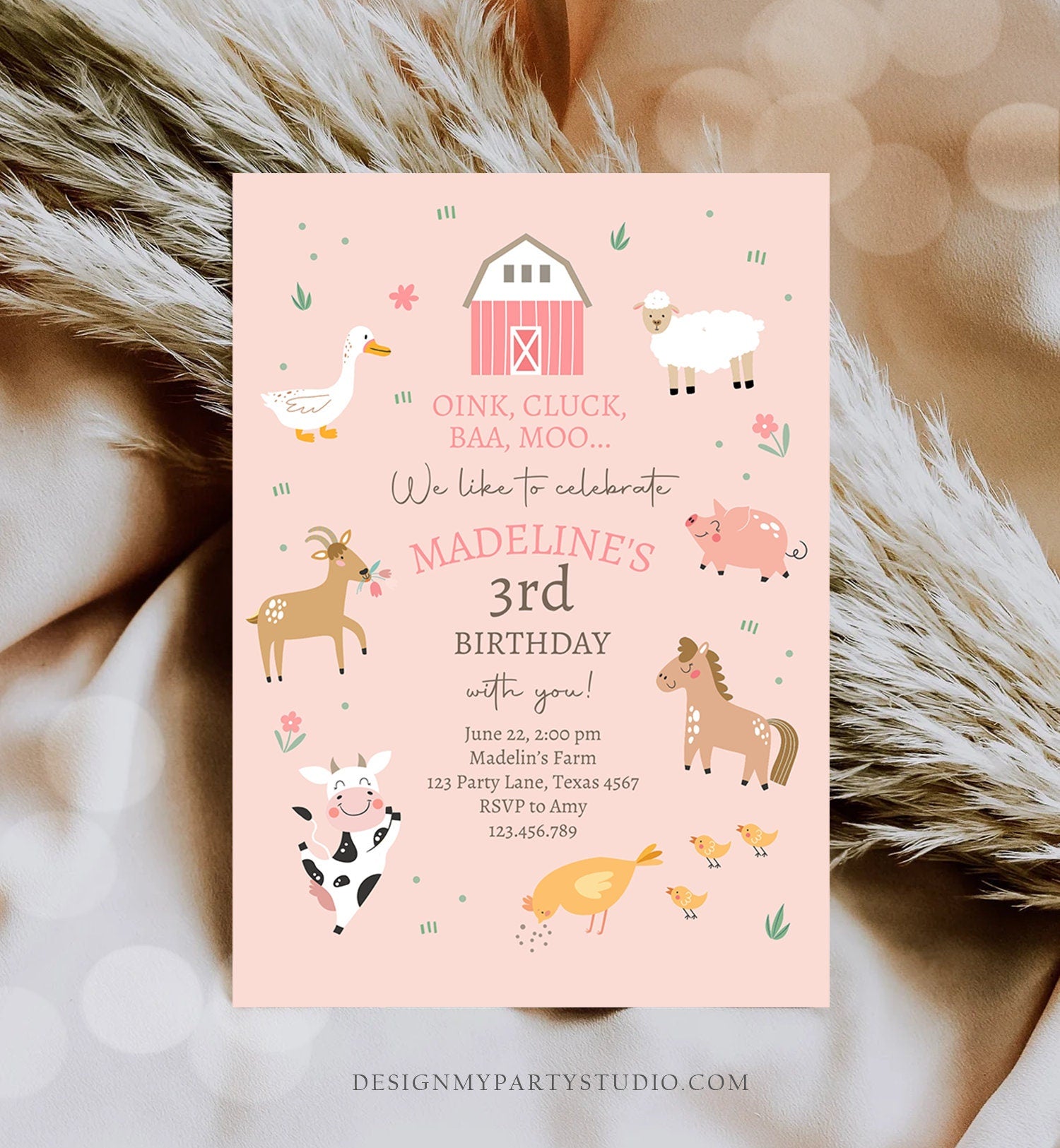 Editable Farm Birthday Invitation Girl Farm Animals Pink Barnyard Party Modern Pastel Download Printable Invite Template Digital Corjl 0436