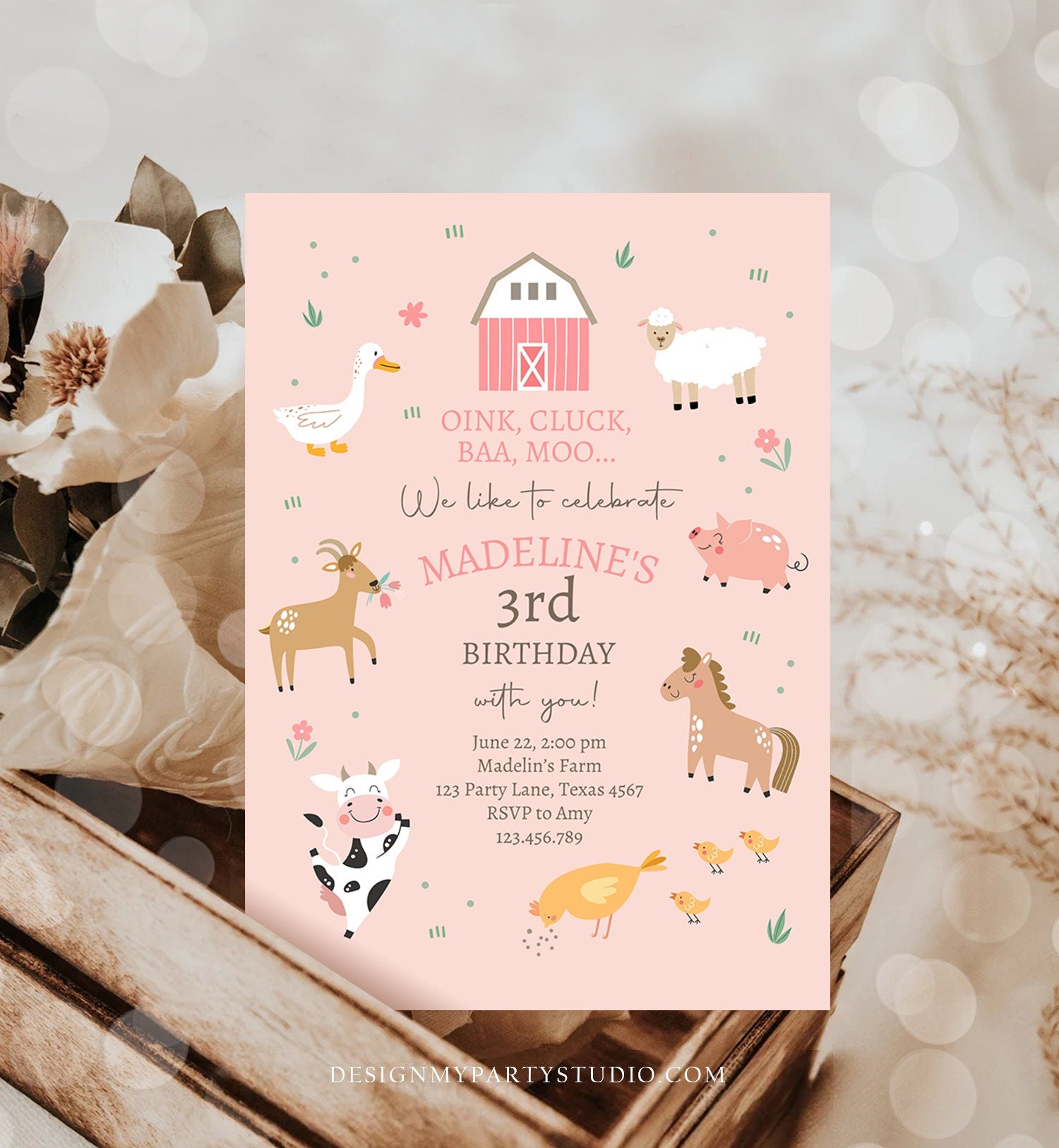 Editable Farm Birthday Invitation Girl Farm Animals Pink Barnyard Party Modern Pastel Download Printable Invite Template Digital Corjl 0436