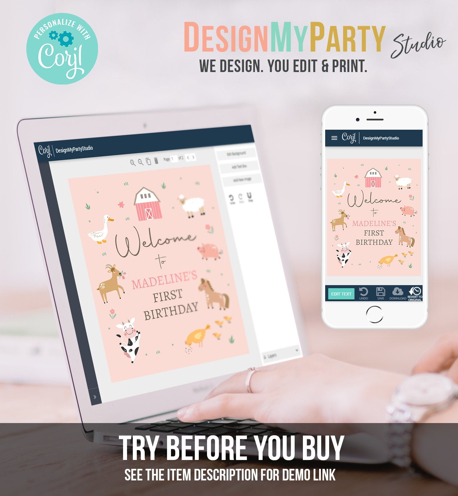 Editable Pink Farm Birthday Welcome Sign Barnyard Birthday Welcome Sign Farm Animals Birthday Sign Girl Modern Template Corjl PRINTABLE 0436