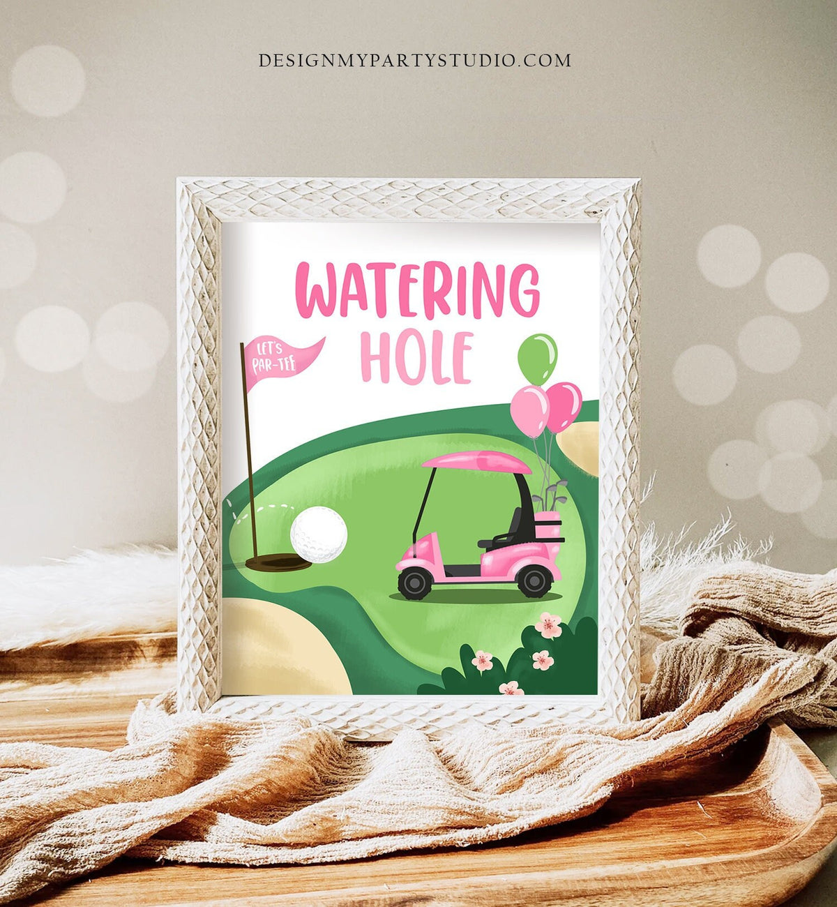 Watering Hole Birthday Sign Drink Table Golf Birthday Party Girl Pink Par-tee Decorations Golfing Hole in One Drinks Download Printable 0405