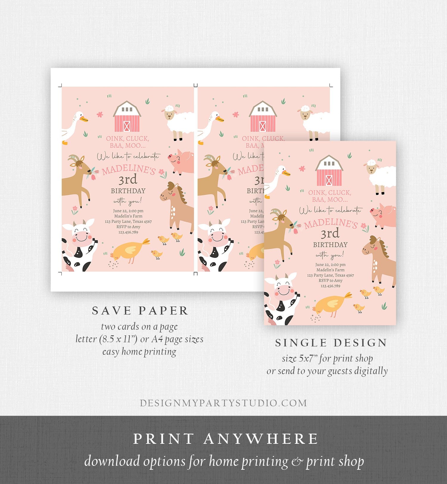 Editable Farm Birthday Invitation Girl Farm Animals Pink Barnyard Party Modern Pastel Download Printable Invite Template Digital Evite 0436