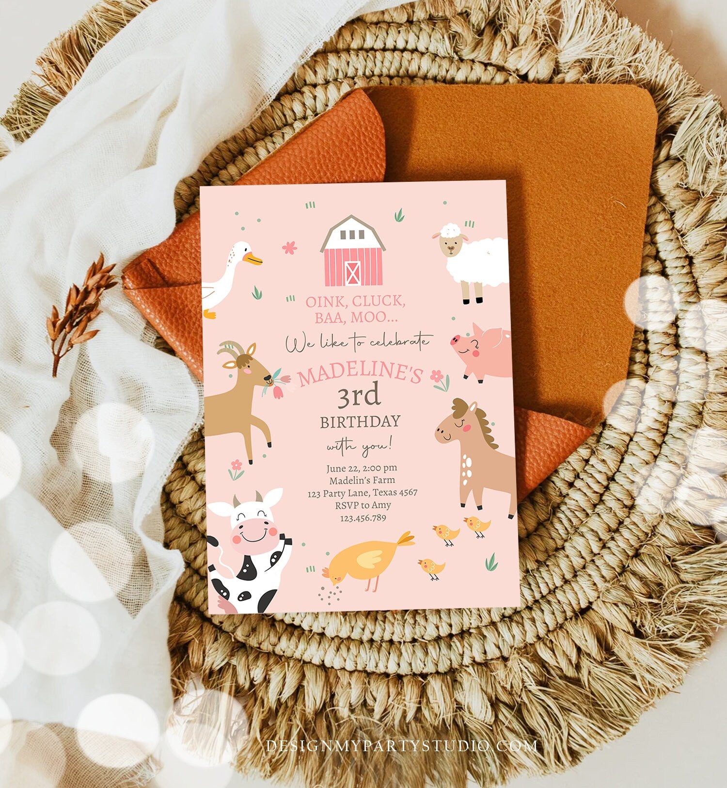 Editable Farm Birthday Invitation Girl Farm Animals Pink Barnyard Party Modern Pastel Download Printable Invite Template Digital Evite 0436