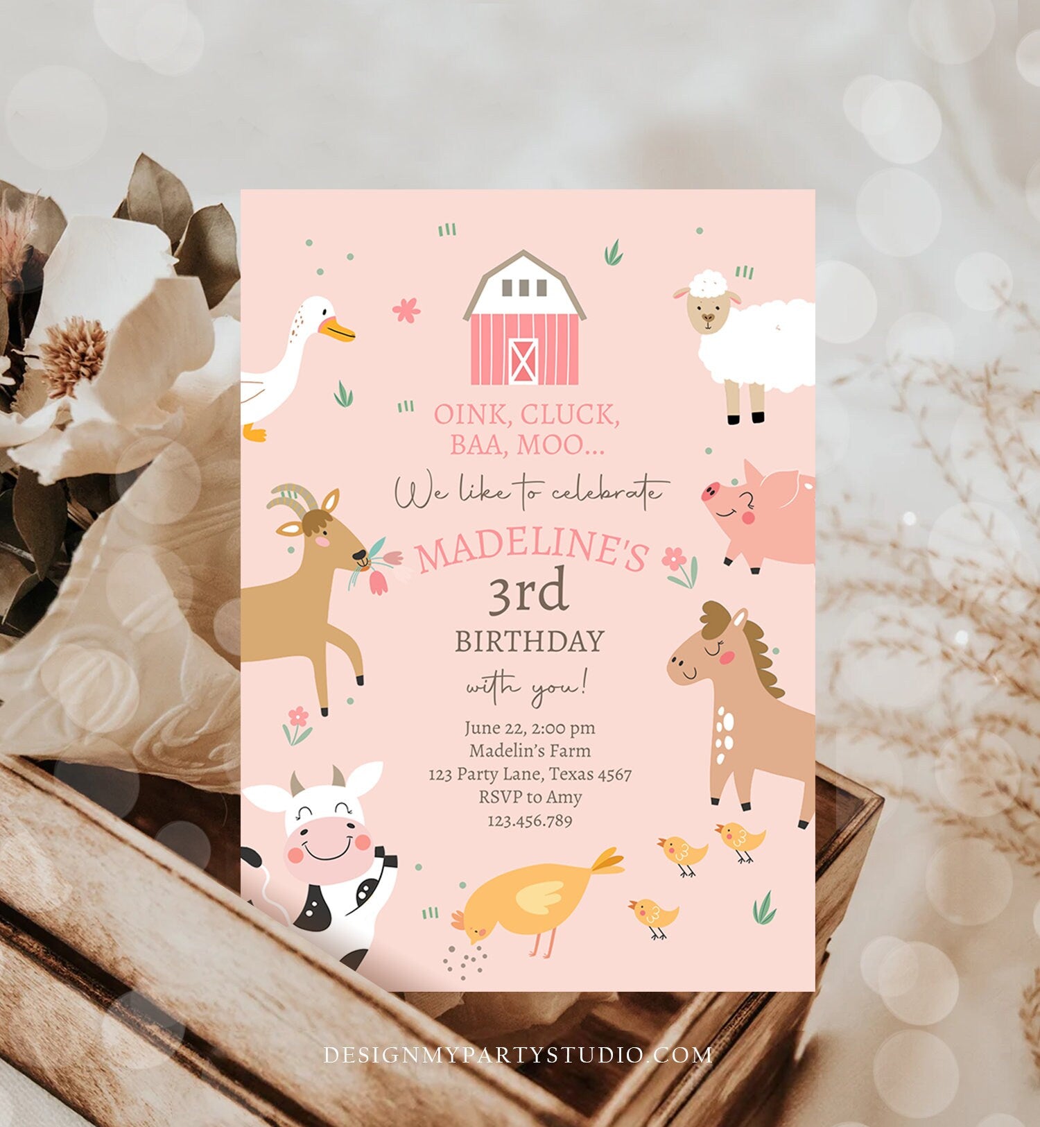 Editable Farm Birthday Invitation Girl Farm Animals Pink Barnyard Party Modern Pastel Download Printable Invite Template Digital Evite 0436