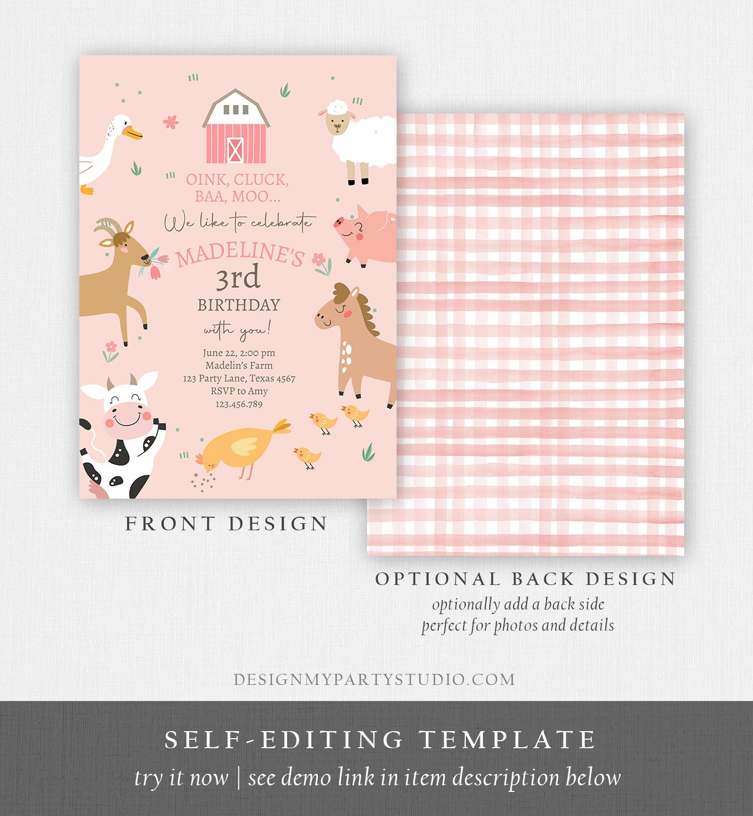 Editable Farm Birthday Invitation Girl Farm Animals Pink Barnyard Party Modern Pastel Download Printable Invite Template Digital Evite 0436