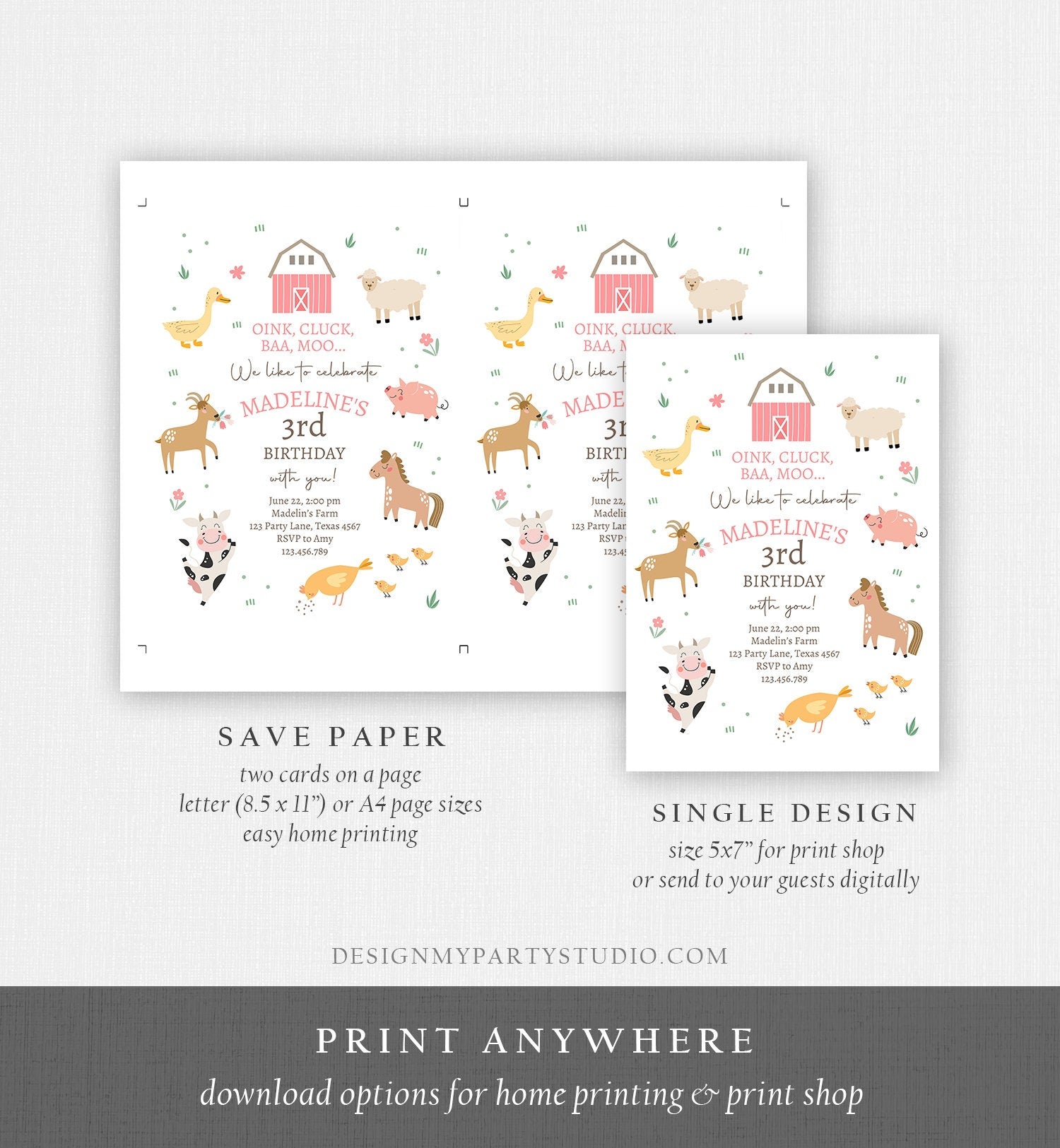 Editable Farm Birthday Invitation Girl Farm Animals Pink Barnyard Party Modern Pastel Download Printable Invite Template Digital Corjl 0436