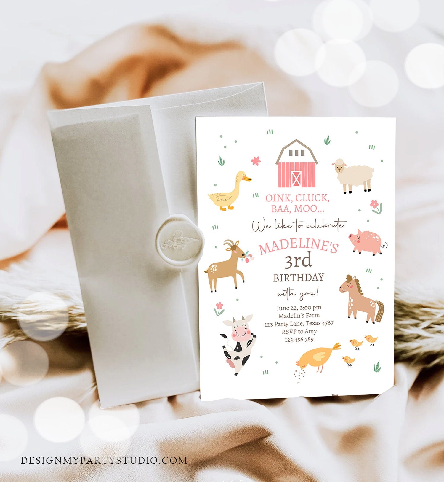 Editable Farm Birthday Invitation Girl Farm Animals Pink Barnyard Party Modern Pastel Download Printable Invite Template Digital Corjl 0436