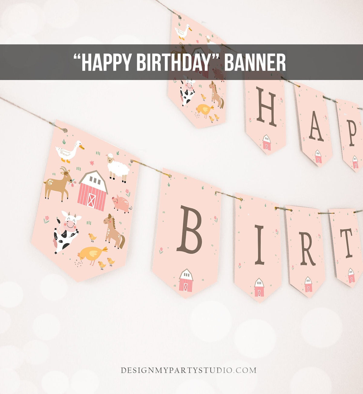 Happy Birthday Banner Pink Farm Birthday Banner Farm Animals Girl Barnyard Birthday Decorations Instant Download PRINTABLE DIGITAL DIY 0436