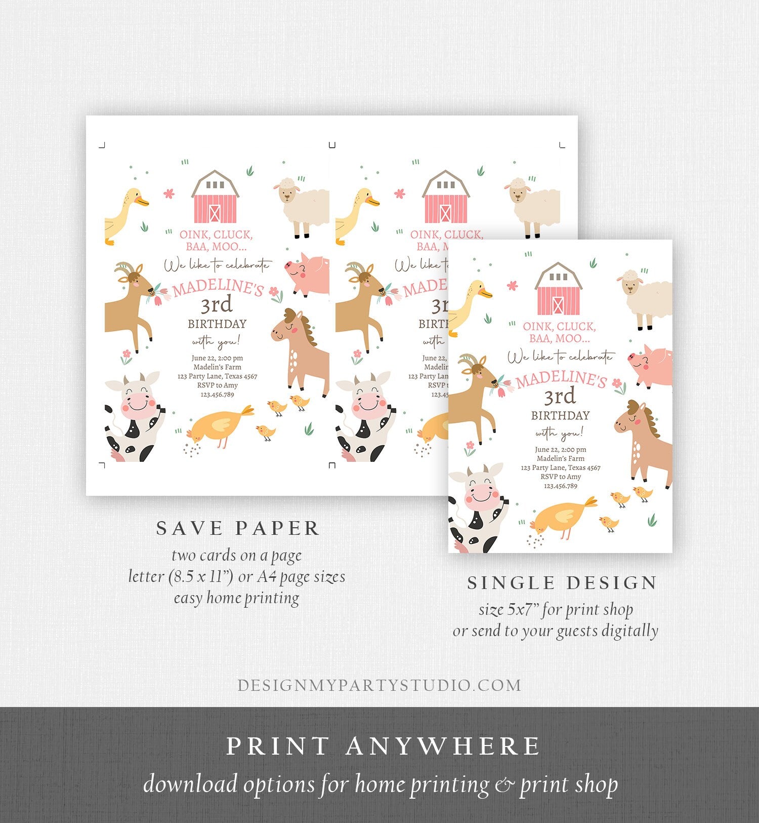 Editable Farm Birthday Invitation Girl Farm Animals Pink Barnyard Party Modern Pastel Download Printable Invite Template Digital Corjl 0436