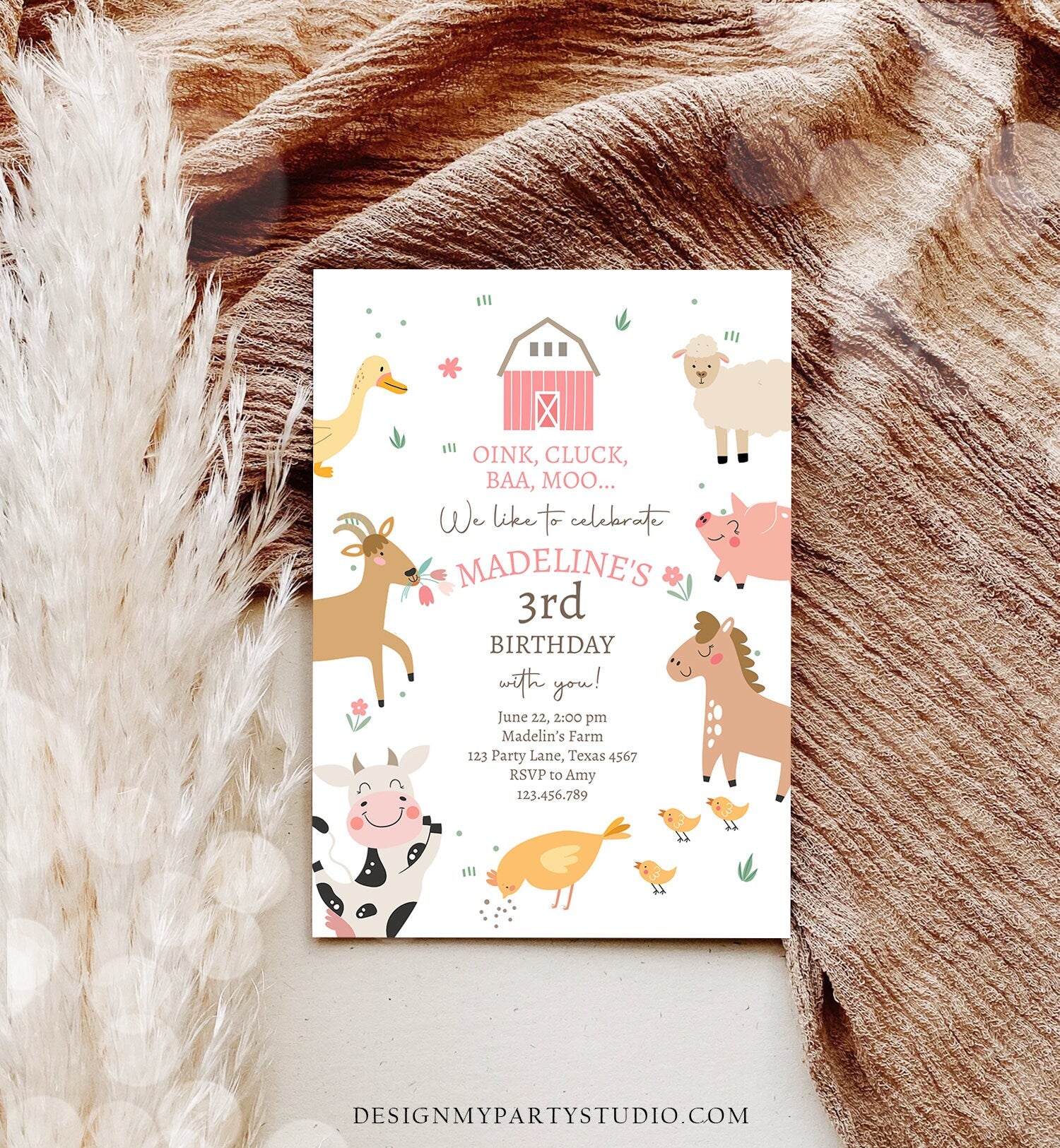 Editable Farm Birthday Invitation Girl Farm Animals Pink Barnyard Party Modern Pastel Download Printable Invite Template Digital Corjl 0436