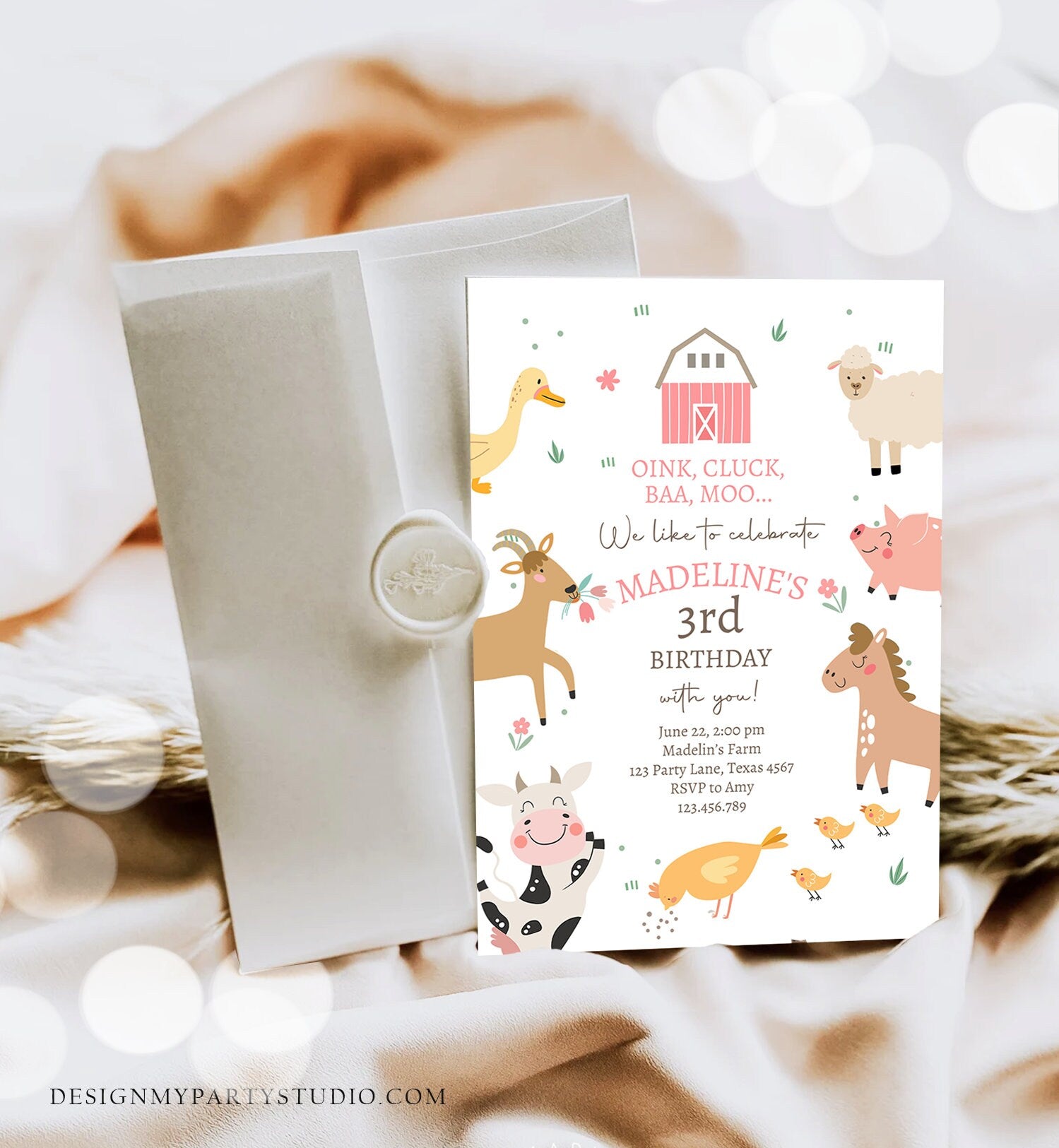 Editable Farm Birthday Invitation Girl Farm Animals Pink Barnyard Party Modern Pastel Download Printable Invite Template Digital Corjl 0436