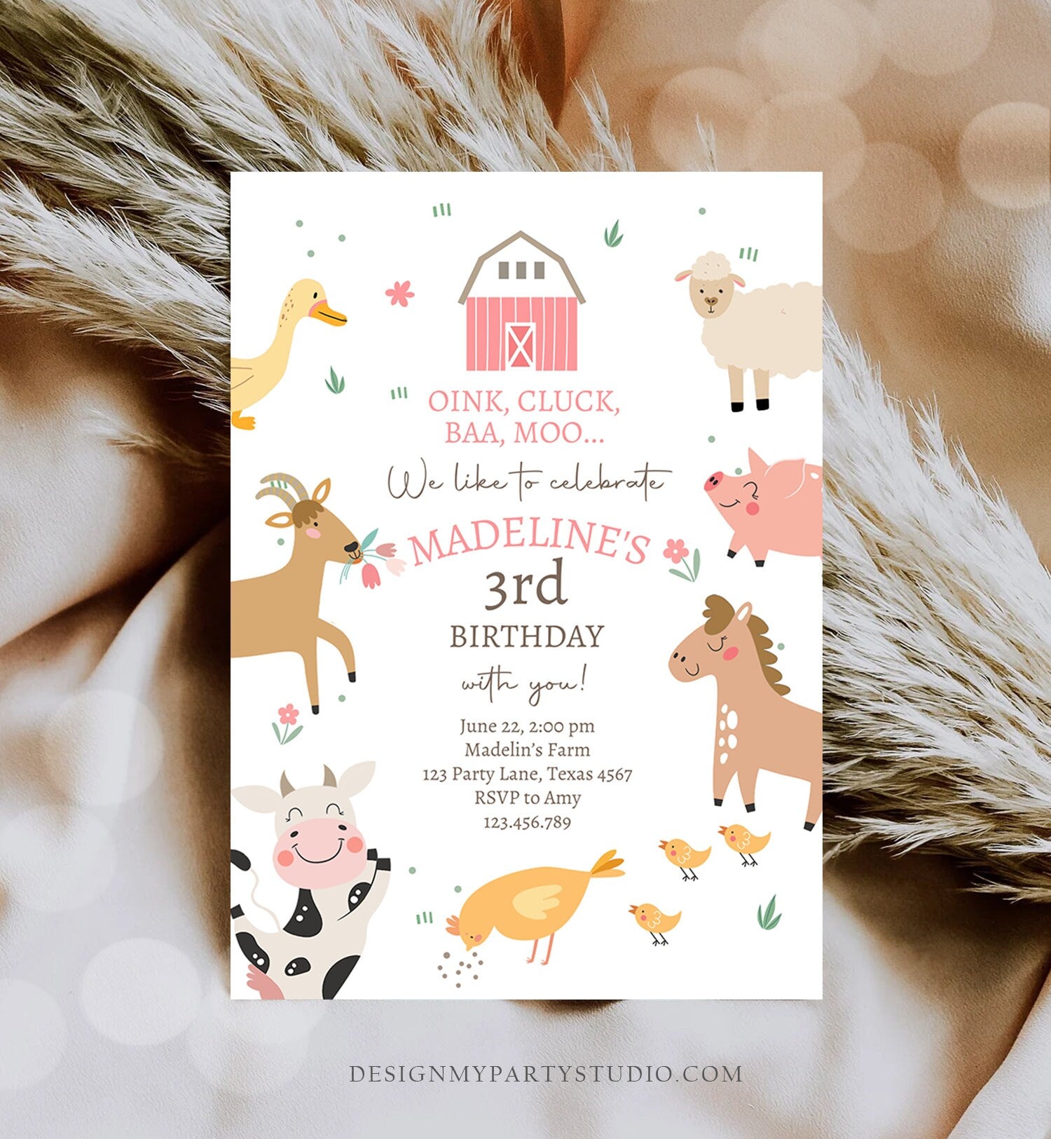 Editable Farm Birthday Invitation Girl Farm Animals Pink Barnyard Party Modern Pastel Download Printable Invite Template Digital Corjl 0436