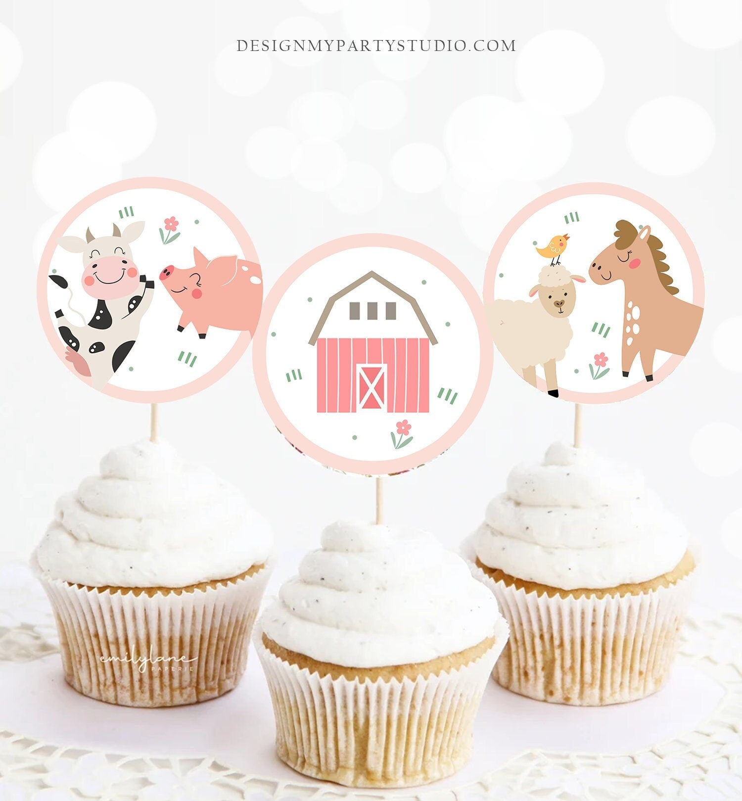 Pink Farm Birthday Cupcake Toppers Favor Tags Barnyard Birthday Party Decor Girl Farm Animals Sticker Modern download Digital PRINTABLE 0436