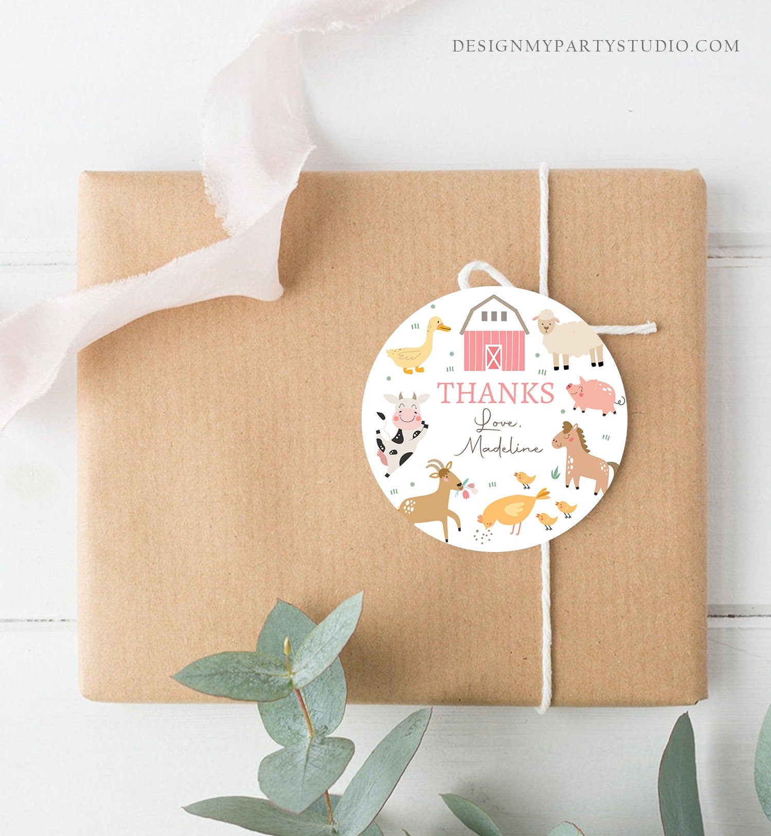 Editable Pink Farm Animals Thank you Tags Girl Birthday Barnyard Stickers Farm Birthday Decor Pink Favor Tags Cow Pig Template Corjl 0436