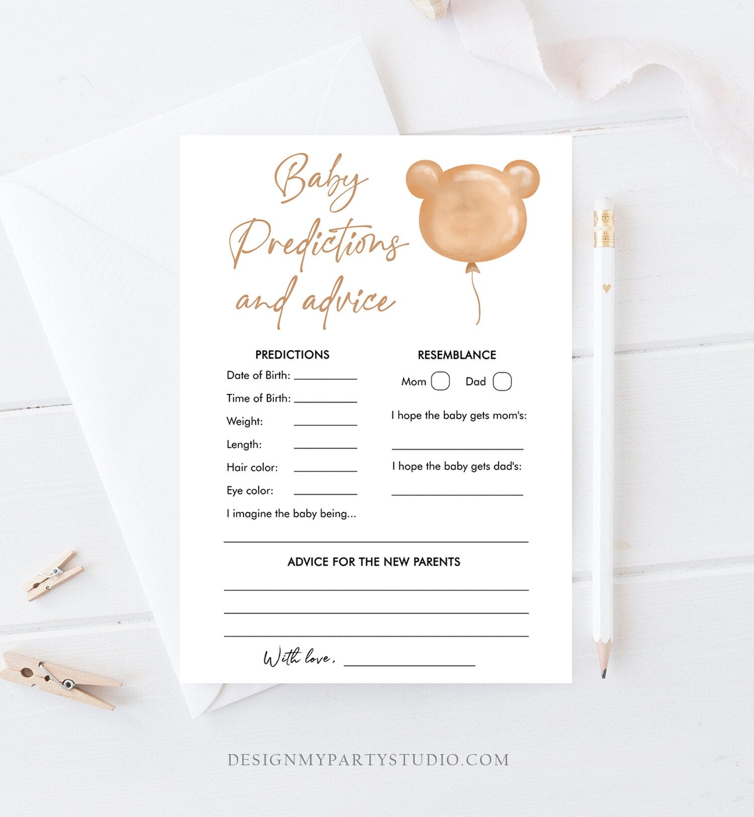 Editable Baby Predictions Baby Shower Game Advice for Parents Teddy Bear Boho Bearly Wait Activity Digital Download Template Printable 0439