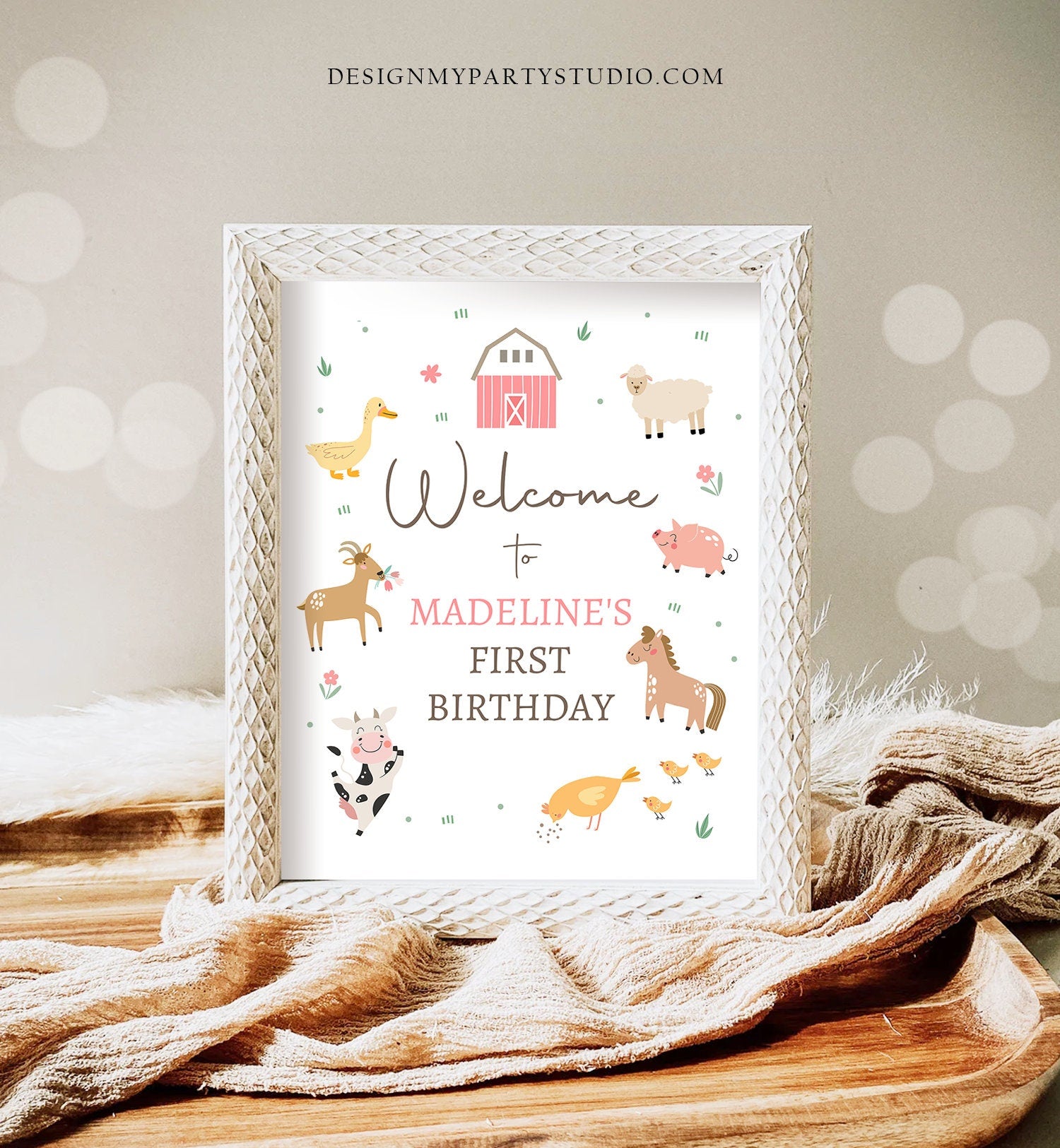 Editable Pink Farm Birthday Welcome Sign Barnyard Birthday Welcome Sign Farm Animals Birthday Sign Girl Modern Template Corjl PRINTABLE 0436