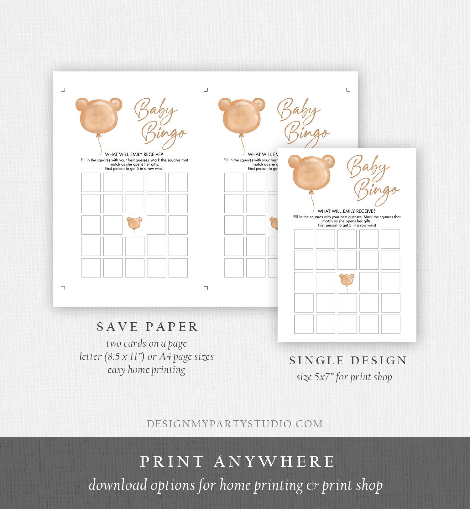 Editable Baby Bingo Game Baby Shower Game Modern Bear Cute Teddy Bear Baby Shower Boho Bearly Wait Activity Corjl Template Printable 0439