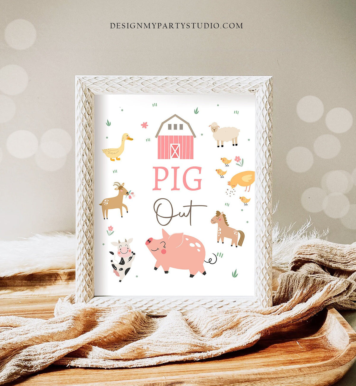 Pig Out Sign Farm Animals Birthday Decorations Barnyard Decor Girl Birthday Pink Farm Buffet Sign Floral Barnyard Sign Printable 0436