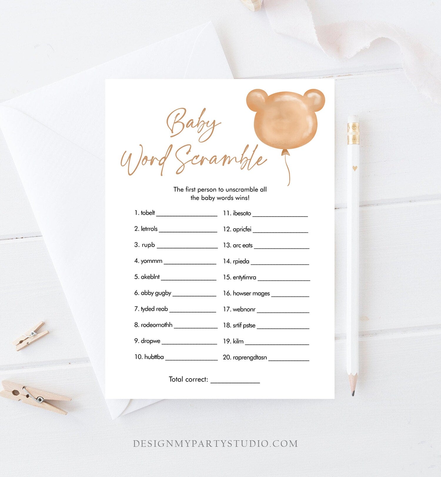 Editable Word Scramble Baby Shower Game Modern Bear Cute Teddy Bear Baby Shower Boho Bearly Wait Activity Corjl Template Printable 0439