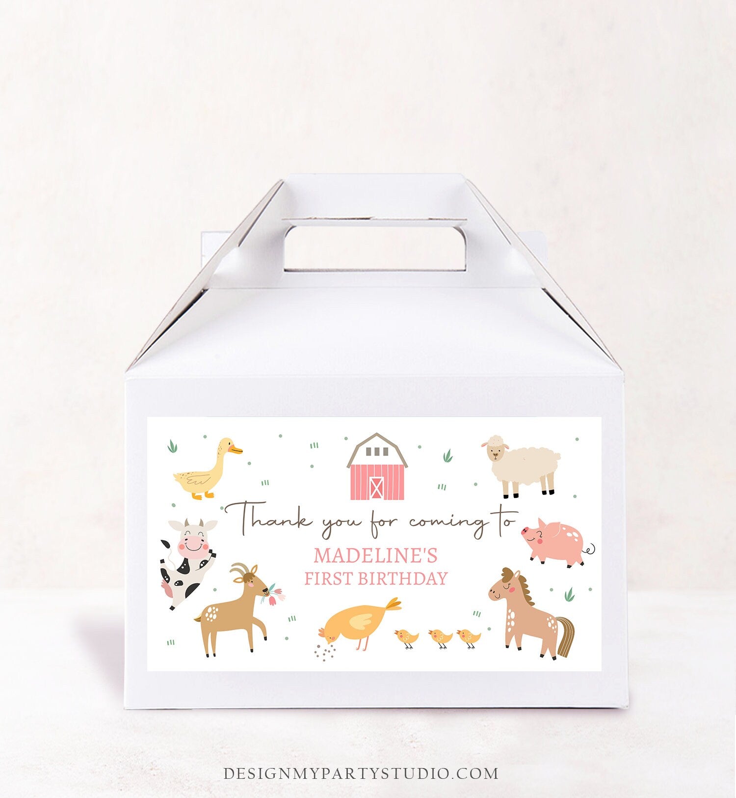 Editable Farm Animals Gable Gift Box Label Pink Farm Birthday Girl Treat Box Label Barnyard Party Modern Digital Template Printable 0436