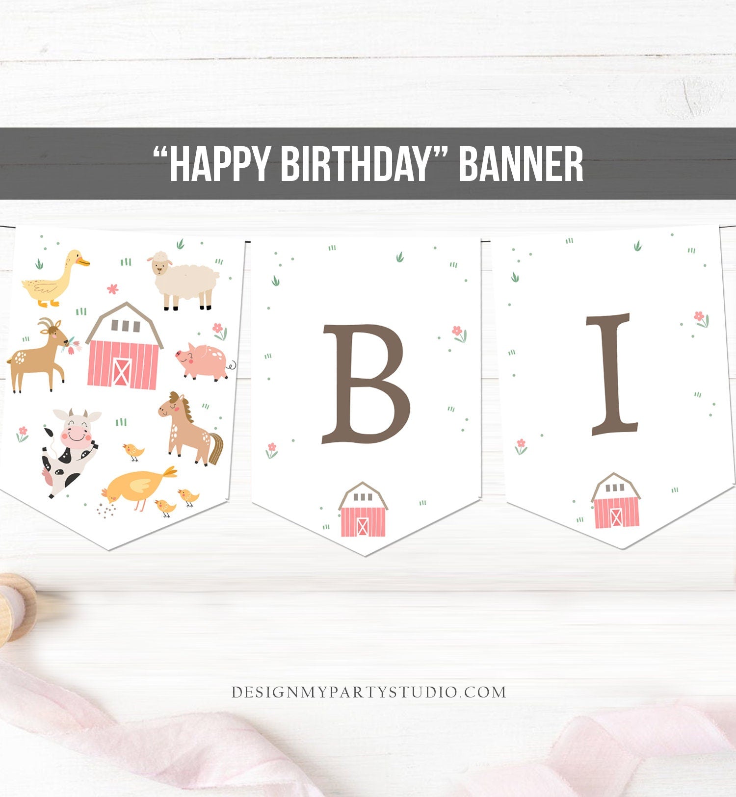 Happy Birthday Banner Pink Farm Birthday Banner Farm Animals Girl Barnyard Birthday Decorations Instant Download PRINTABLE DIGITAL DIY 0436