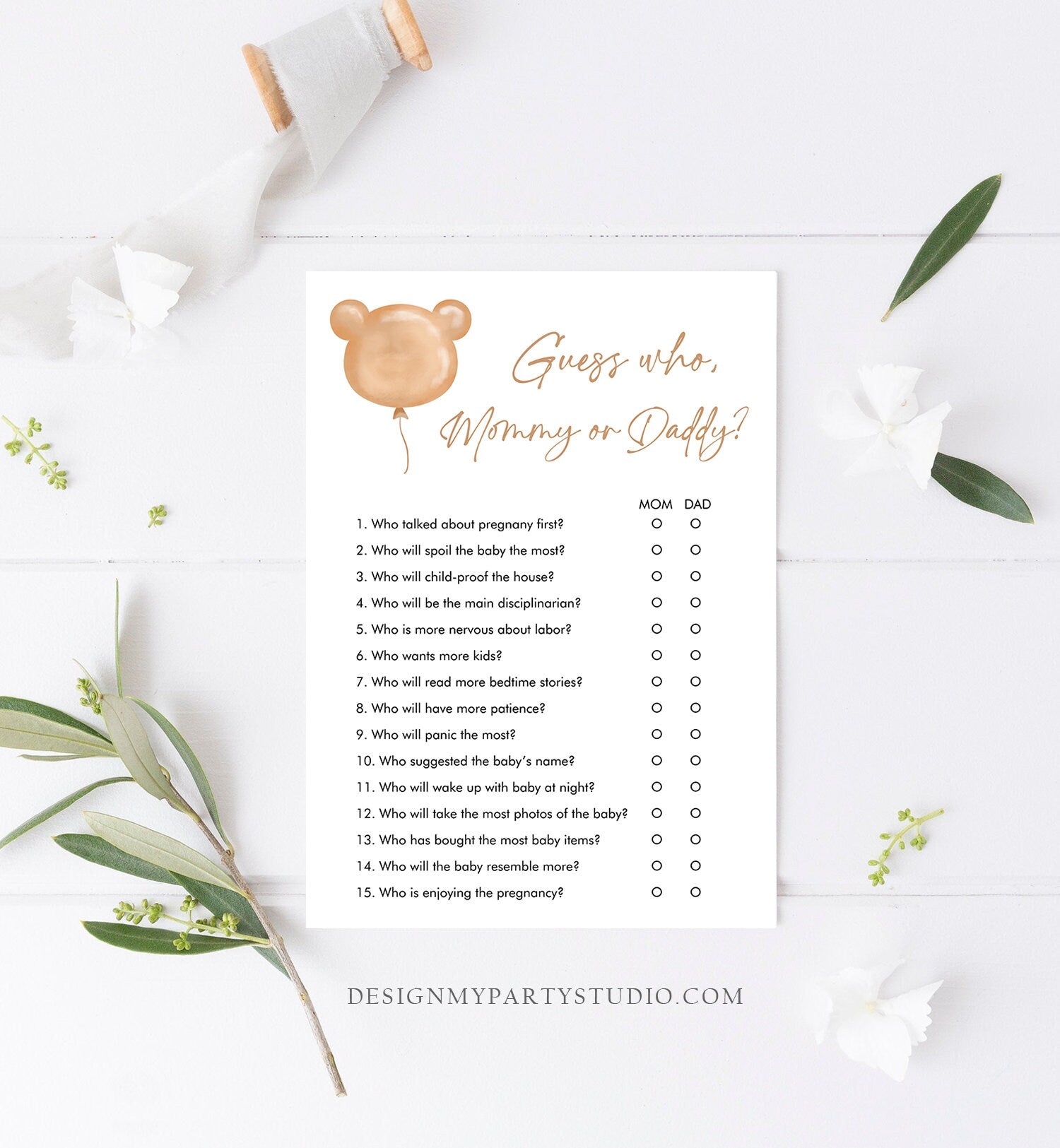 Editable Guess Who Baby Shower Game Modern Bear Cute Teddy Bear Baby Shower Boho Bearly Wait Mommy or Daddy Corjl Template Printable 0439