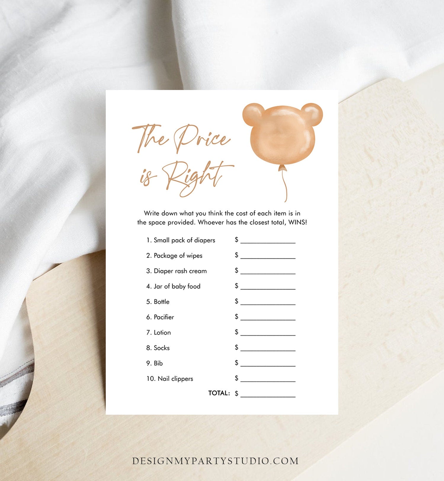 Editable The Price is Right Baby Shower Game Modern Bear Cute Teddy Bear Baby Shower Boho Bearly Wait Boy Girl Corjl Template Printable 0439