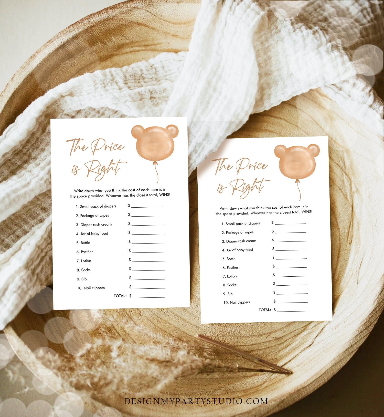 Editable The Price is Right Baby Shower Game Modern Bear Cute Teddy Bear Baby Shower Boho Bearly Wait Boy Girl Corjl Template Printable 0439