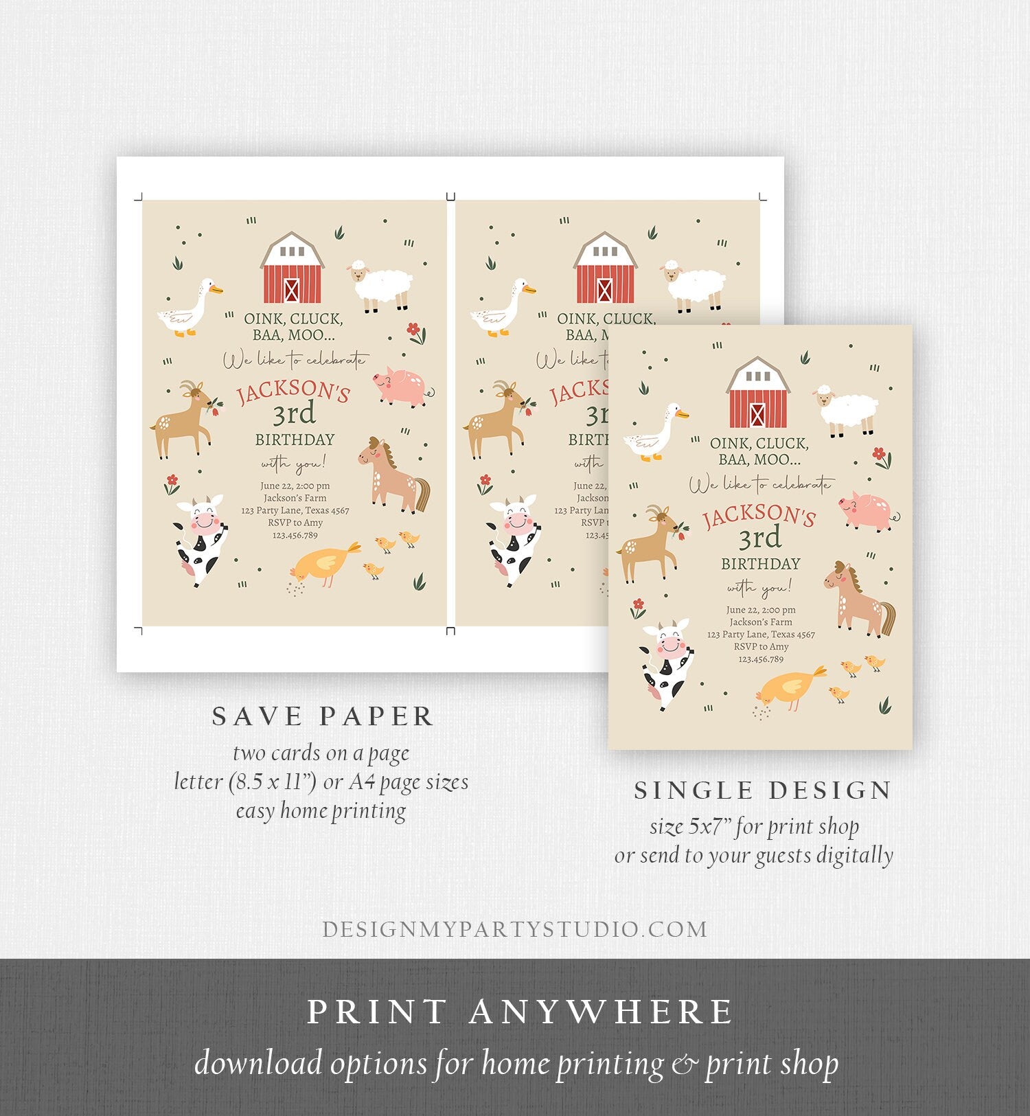 Editable Farm Animals Birthday Invitation Boy Farm Barnyard First Birthday Party Animals Modern Farm Download Evite Template Printable 0436