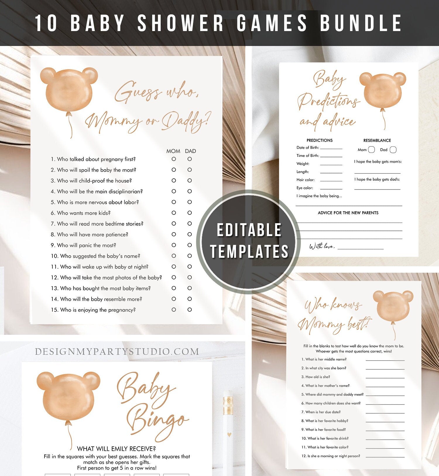 Editable Teddy Bear Baby Shower Games Bundle Bearly Wait Baby Shower Activity Gender Neutral Boho Download Printable Corjl Template 0439