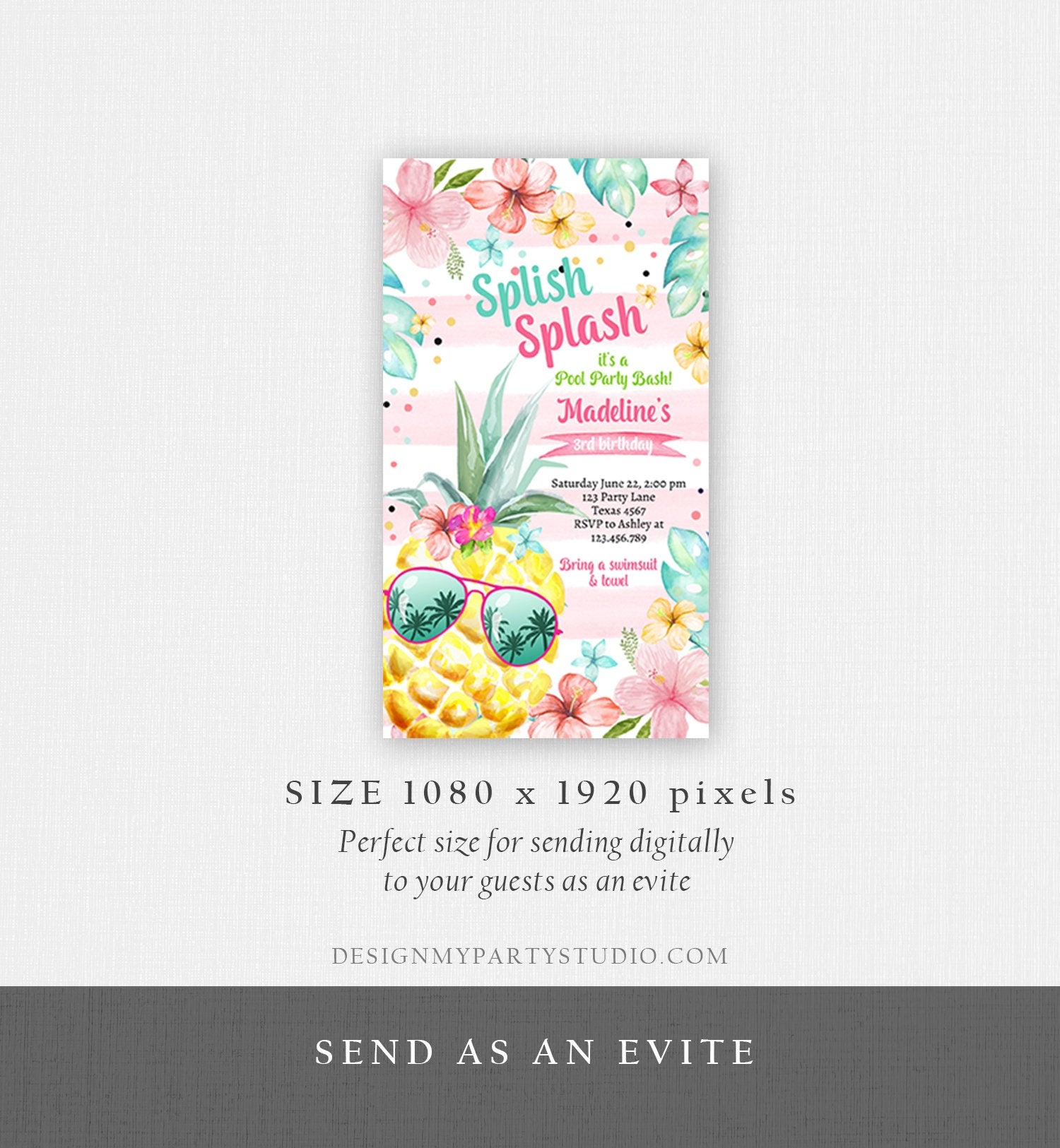 Editable Hawaiian Luau Birthday Evite Pineapple Birthday Party Pool Party Pink Girl Electronic Phone Download Corjl Template Printable 0391