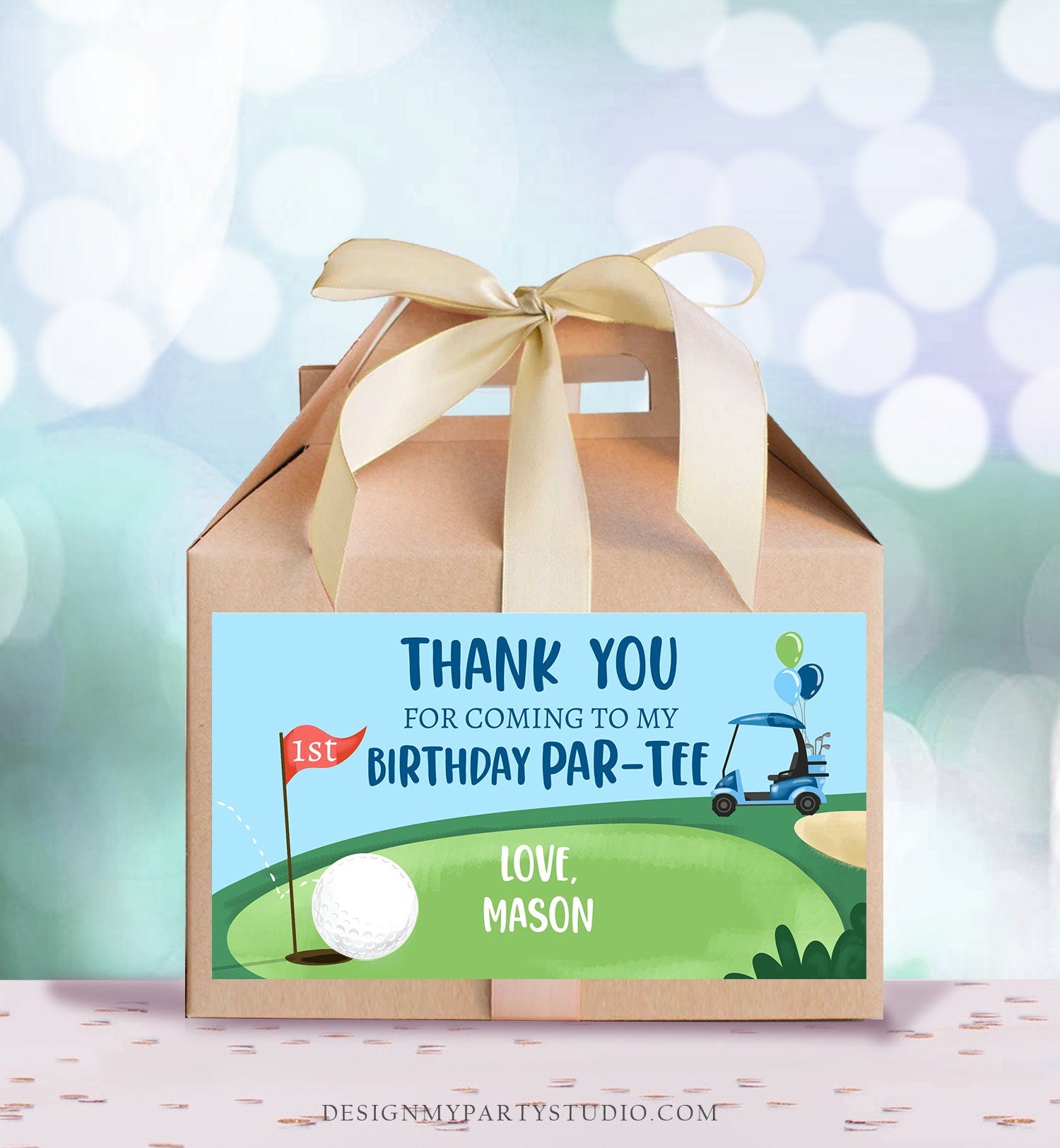 Editable Hole in One Birthday Party Gable Box Favor Label Golf Gift Box Labels Par-tee Boy Golfing 1st Blue Download Printable Corjl 0405